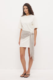 Tee shirt mini dress in cotton jersey with dropped waist and contrast tie sash