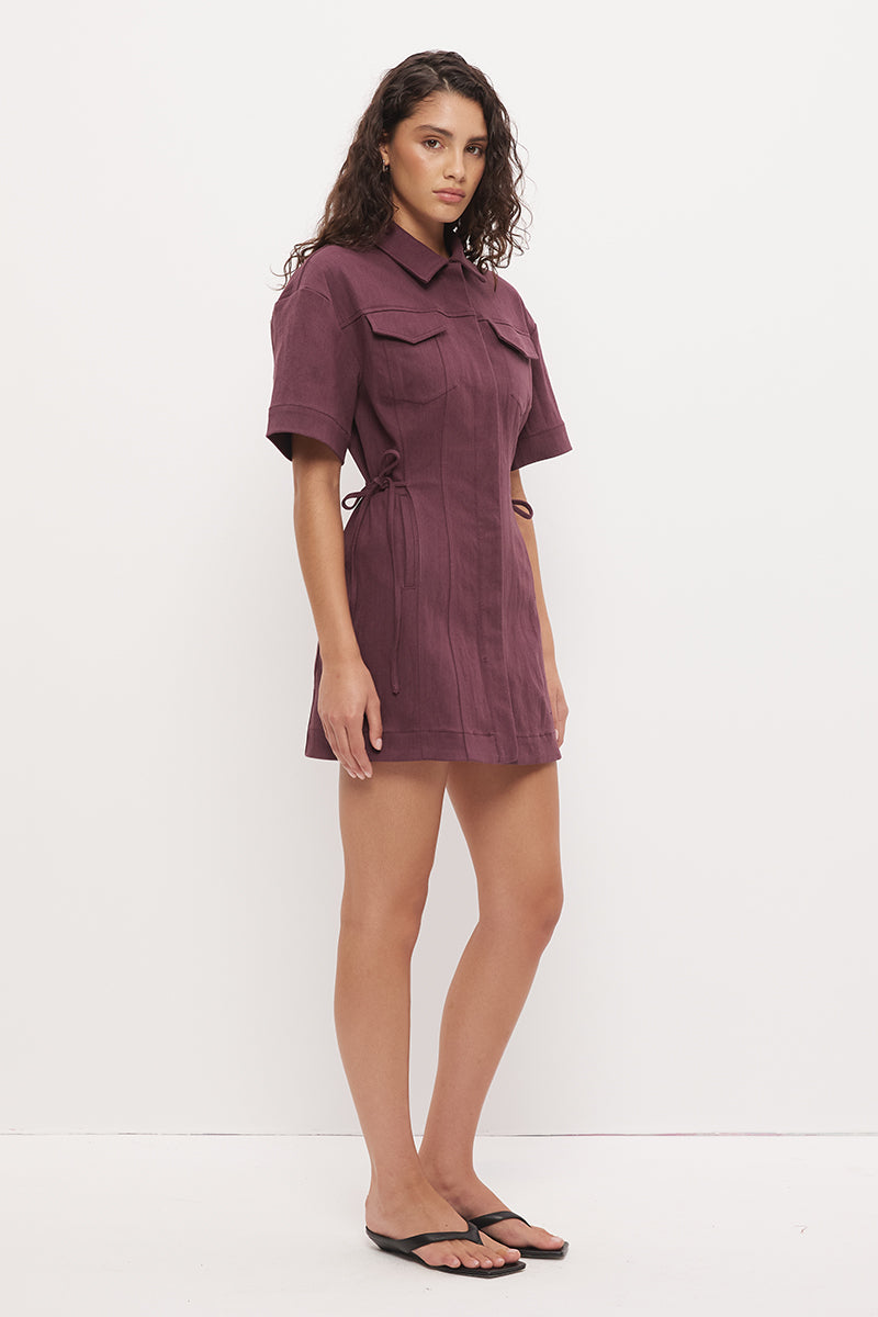 Denim shirt mini dress with utility style, chest patch pockets and convertible collar