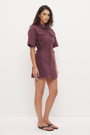 Denim shirt mini dress with utility style, chest patch pockets and convertible collar