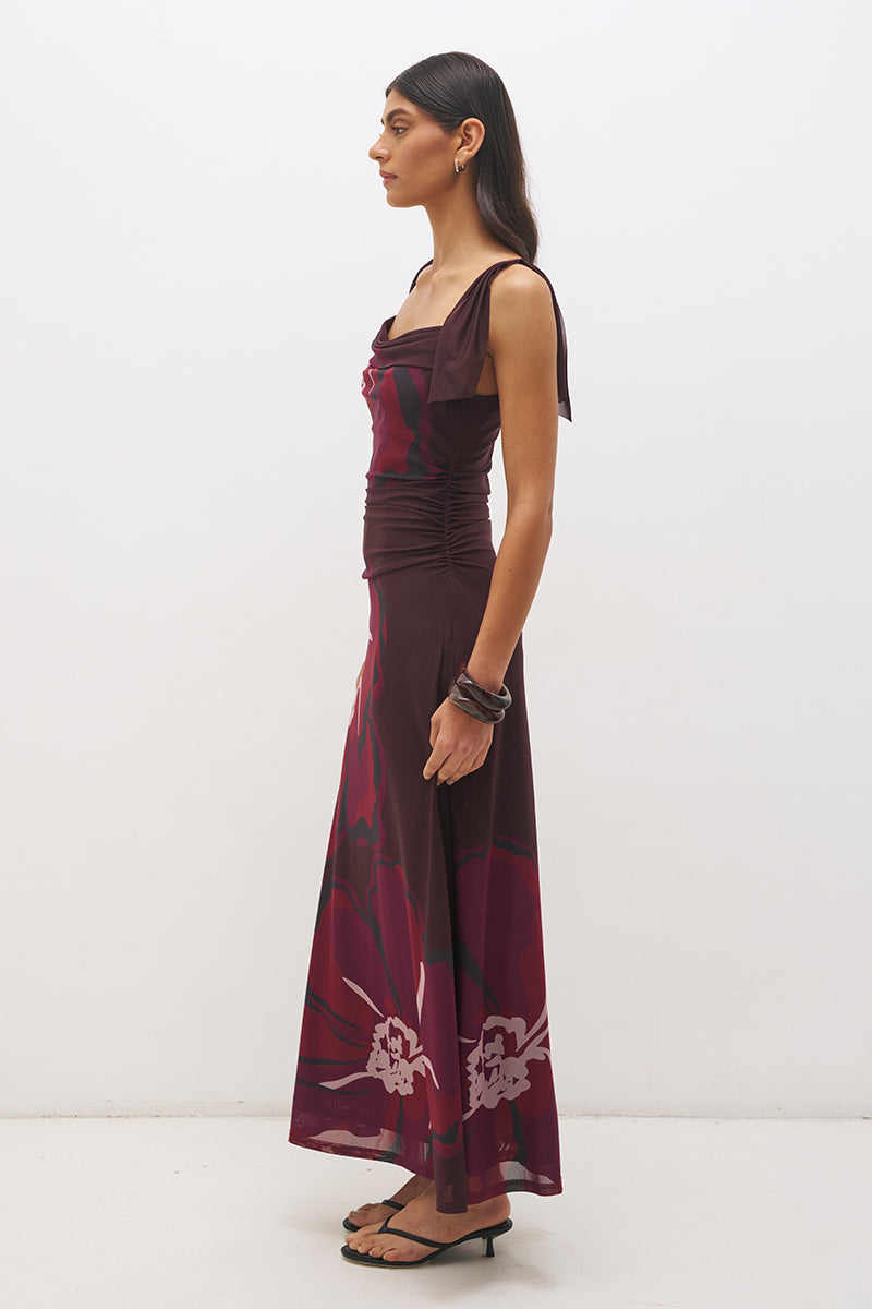 Strappy mesh midi dress with handcrafted placement print, cowl neckline, adjustable tie straps and A-line skirt