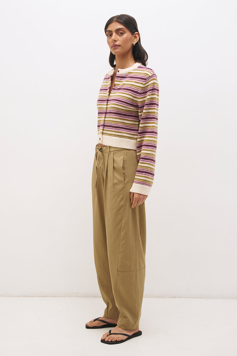 Relaxed fit striped knit cardigan with button front, contrast rib trim and wide sleeves in soft wool blend