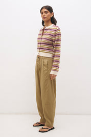 Relaxed fit striped knit cardigan with button front, contrast rib trim and wide sleeves in soft wool blend