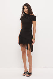 Off-shoulder mini dress in stretch knit crepe with asymmetrical neckline and angled fringe hem detail