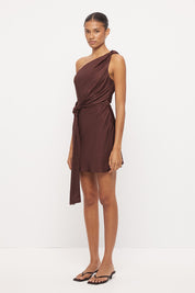 One-shoulder bias-cut sateen mini dress with draped bodice, tonal beaded trim and cinched sash