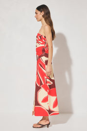 Strapless cotton blend bustier top with straight neckline, angled torso tucks, encased boning, elasticated back panels, and open-ended zipper