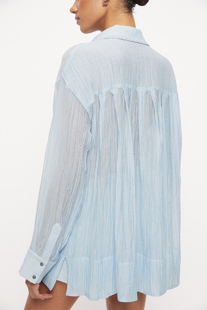 Oversized sheer crinkle long sleeve shirt with braided collar trim and knife pleated back