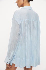 Oversized sheer crinkle long sleeve shirt with braided collar trim and knife pleated back