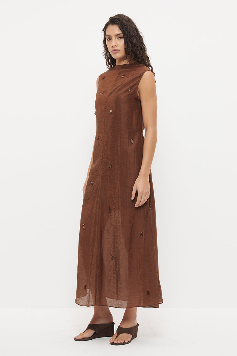 Sheer maxi dress with dropbeading embellishment and jewel neckline over separate slip