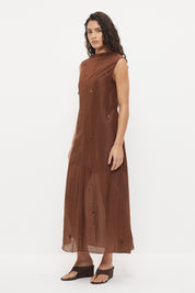 Sheer maxi dress with dropbeading embellishment and jewel neckline over separate slip