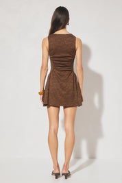 Sleeveless textured lace mini dress with fit-and-flare silhouette, narrow boat neckline, gathered bodice, and full mini-length skirt