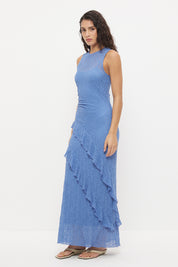 Sheer mesh lace midi dress with fit and flare silhouette, waist ruching and flounced frill hem