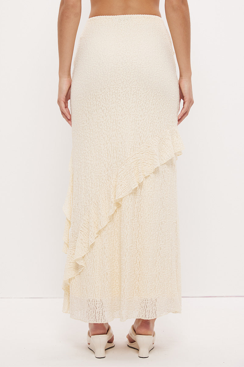 Sheer mesh lace maxi skirt with A-line silhouette, flounced frill panels and lettuce hem finish