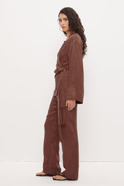 Kimono wrap top in brushed woven fabric with waist tie and macrame tassel detail