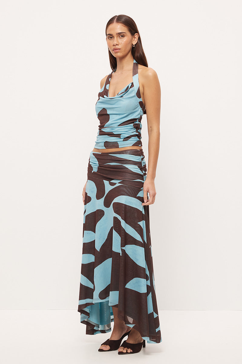 Fitted halter neck top in stretch mesh with asymmetrical draped cowl neckline in exclusive handcrafted print
