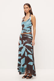 Fitted halter neck top in stretch mesh with asymmetrical draped cowl neckline in exclusive handcrafted print