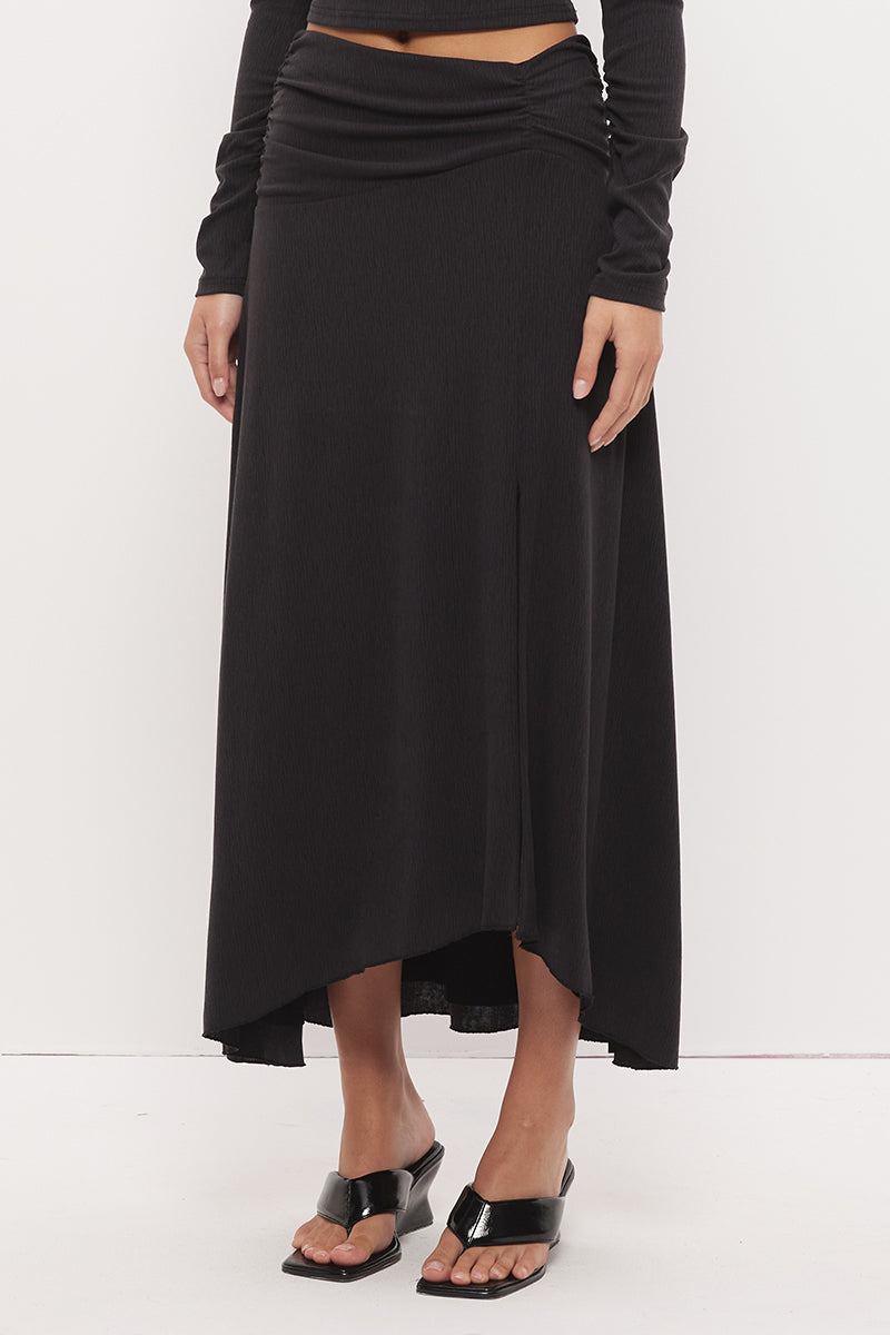 Textured jersey midi skirt with asymmetrical waistband, gathered detail, hi-lo hem and side split