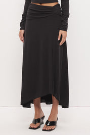 Textured jersey midi skirt with asymmetrical waistband, gathered detail, hi-lo hem and side split