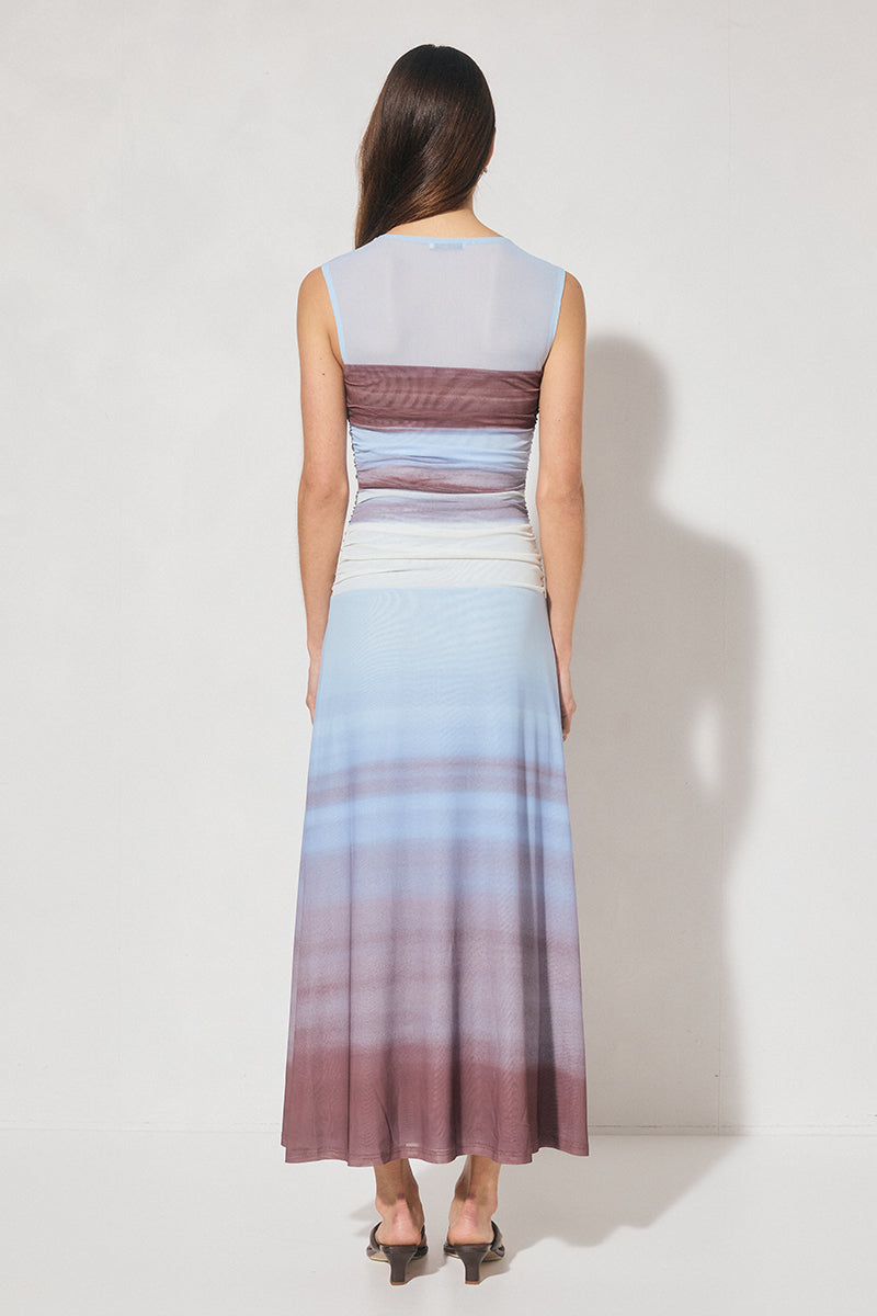 Sleeveless ombre mesh midi dress with fit and flare silhouette, sheer shoulder yoke, waist ruching, A-line skirt, and front leg split