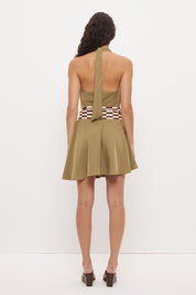 Halter neck mini dress in sateen with cowled neckline and contrast wooden ring belt