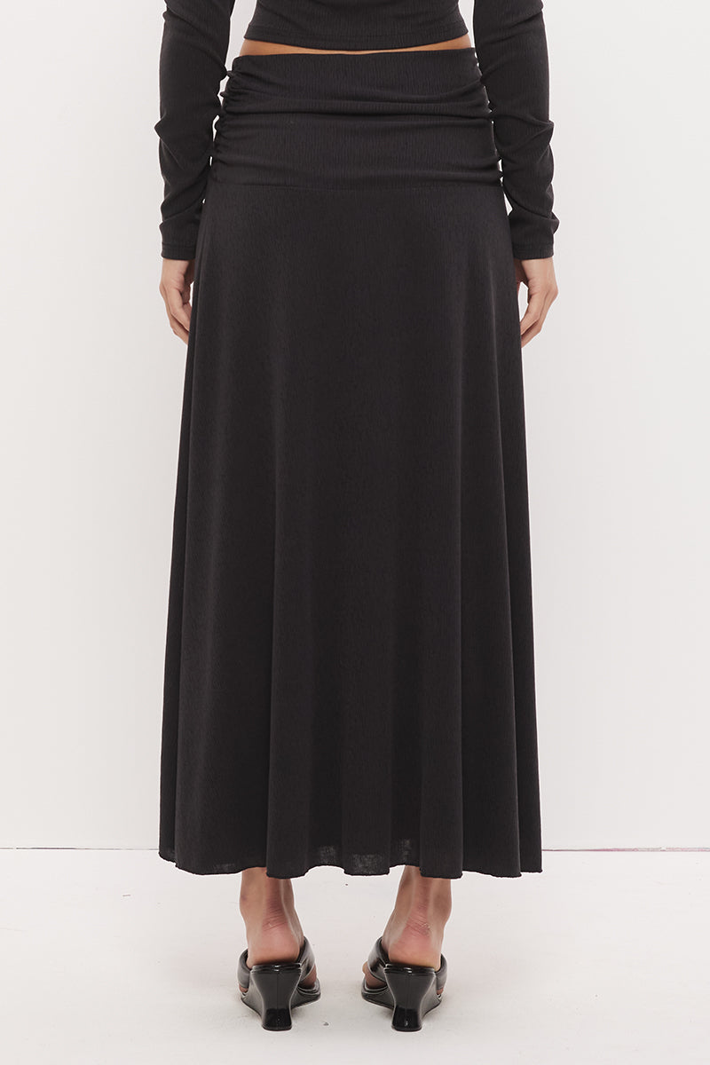Textured jersey midi skirt with asymmetrical waistband, gathered detail, hi-lo hem and side split