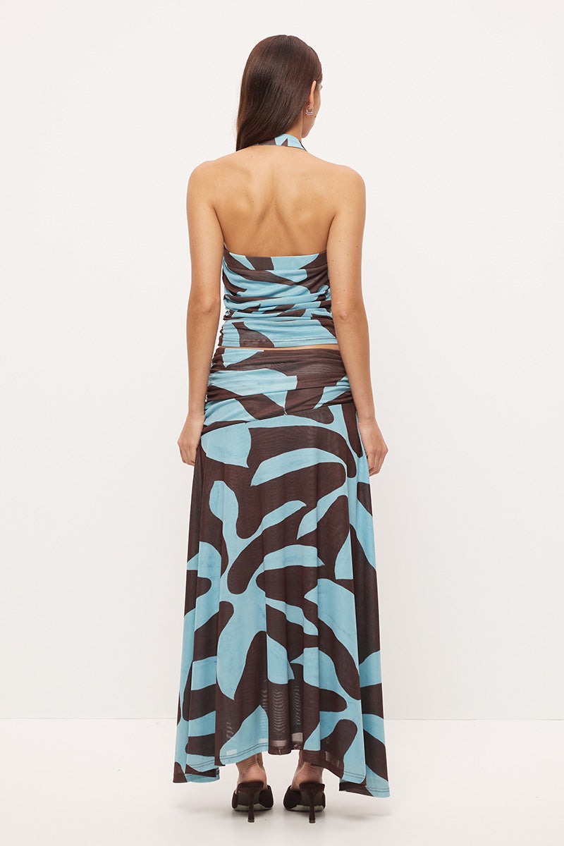 Fitted halter neck top in stretch mesh with asymmetrical draped cowl neckline in exclusive handcrafted print