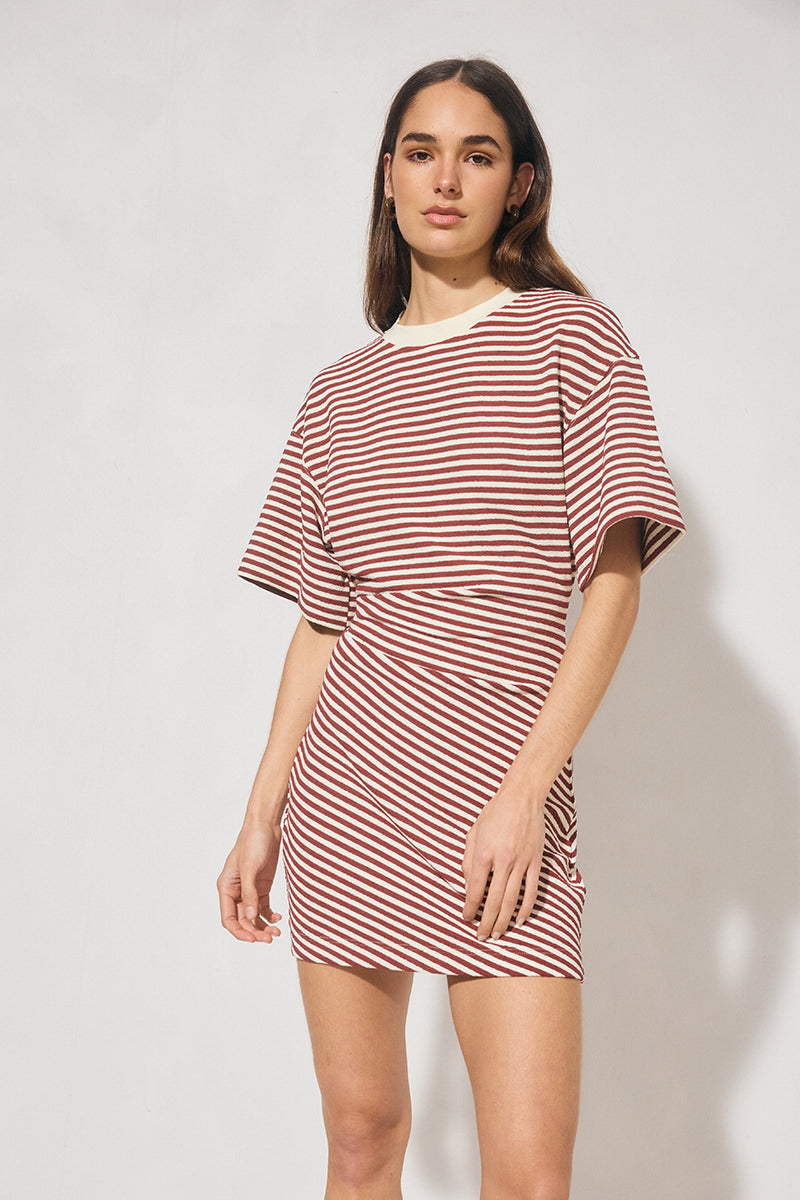 Striped bonded knit tee shirt mini dress with oversized fit, cinched waist, wide sleeves, and crew neckline