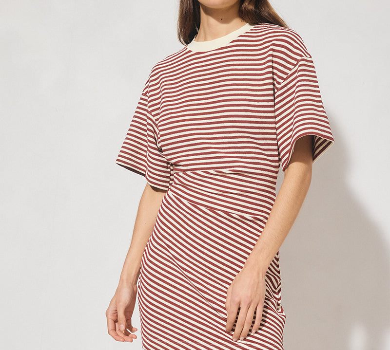 Striped bonded knit tee shirt mini dress with oversized fit, cinched waist, wide sleeves, and crew neckline