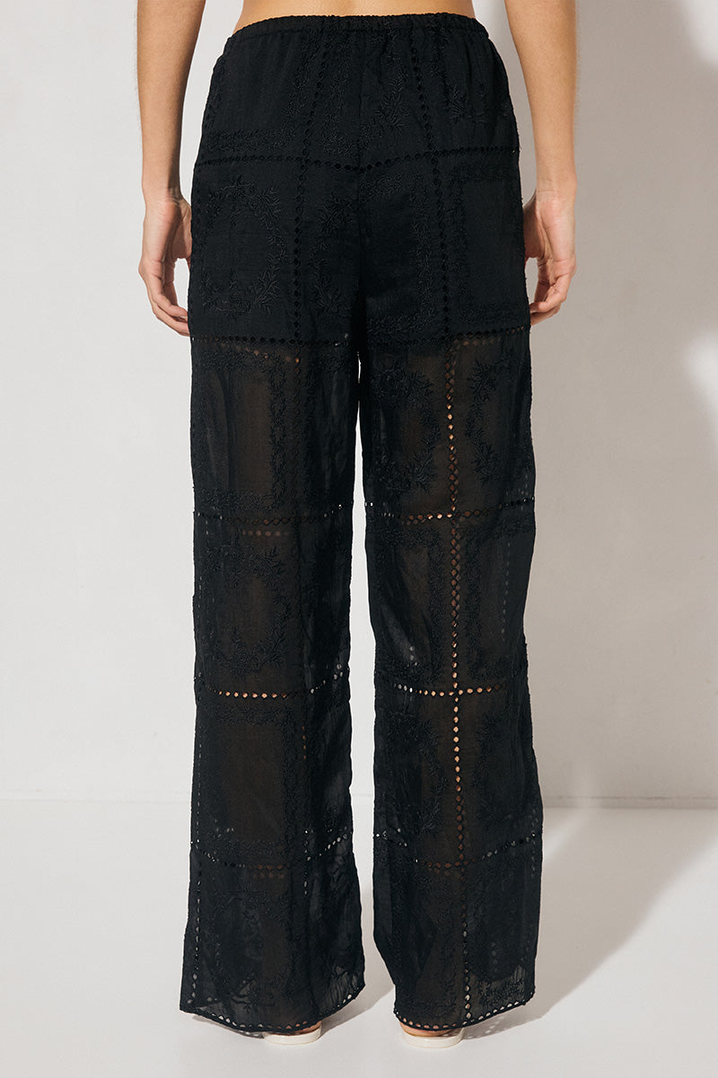 ELOWEN Relaxed Drawstring Pants in semi-sheer embroidered fabric with wide-leg silhouette, elasticated waist, drawcord, and side pockets