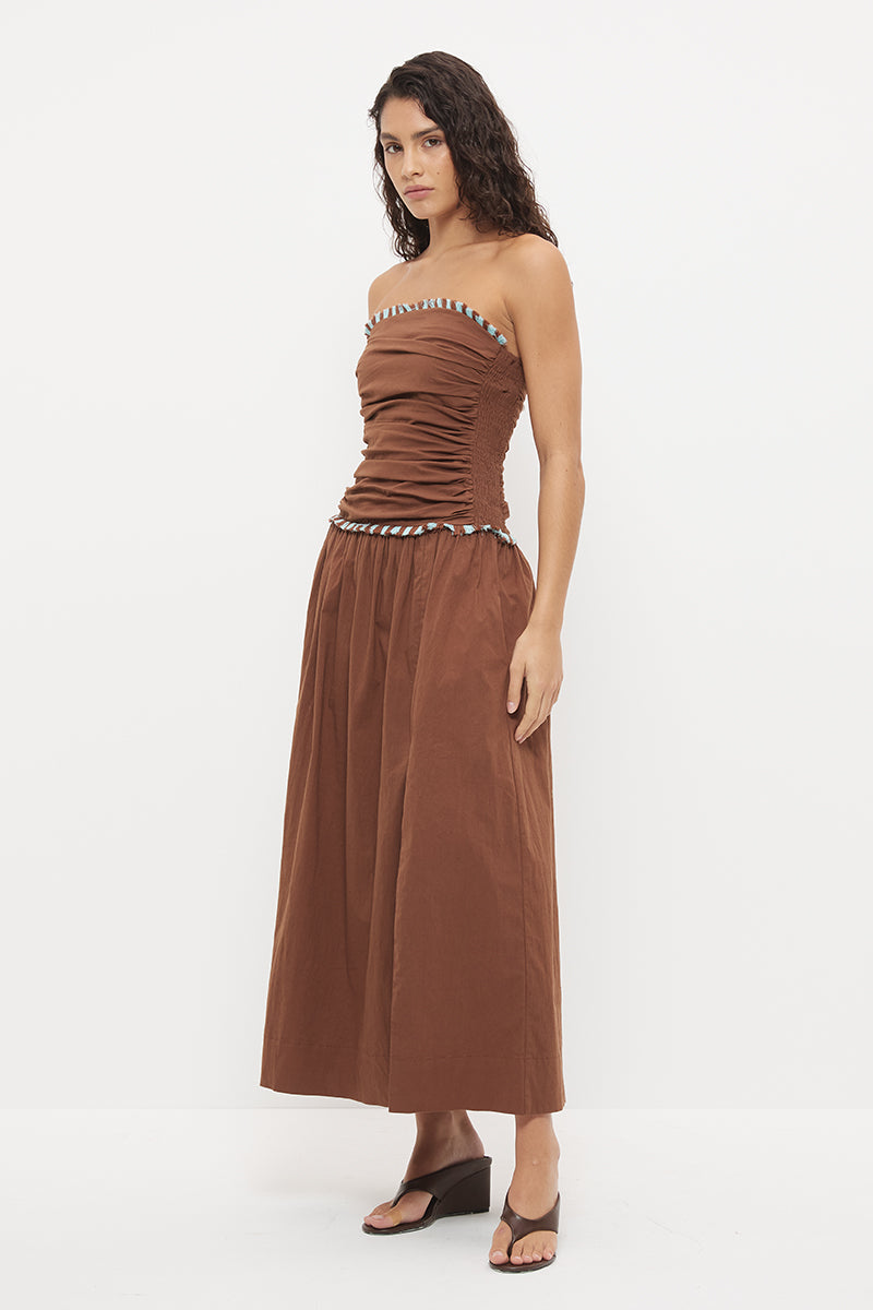 Strapless maxi dress in textured stretch cotton with two-tone fringed trim detail