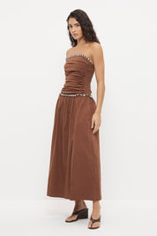 Strapless maxi dress in textured stretch cotton with two-tone fringed trim detail