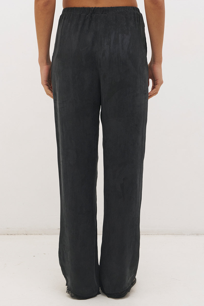 Relaxed straight leg drawstring pants in cupro blend twill with scalloped lace hem and elastic waistband