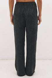 Relaxed straight leg drawstring pants in cupro blend twill with scalloped lace hem and elastic waistband