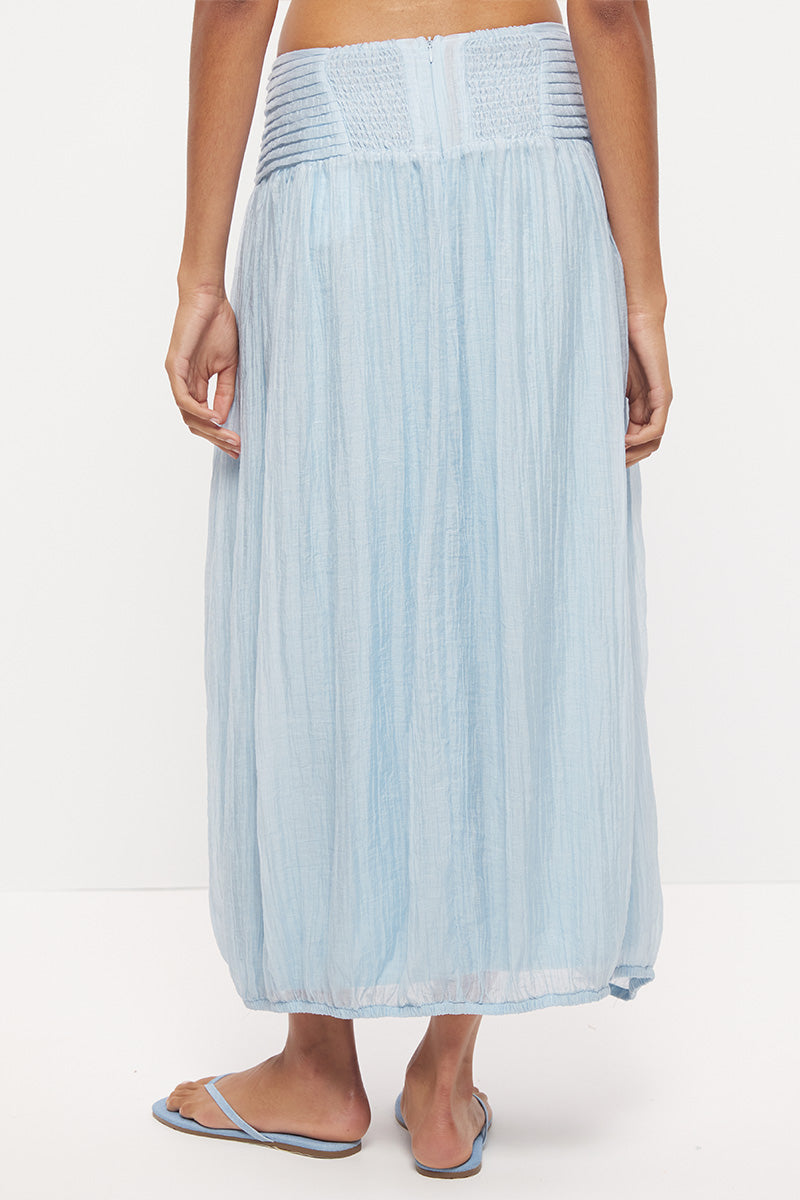 High waisted midi skirt in semi-sheer crinkle woven fabric with pinstitched waistband and tulip hem