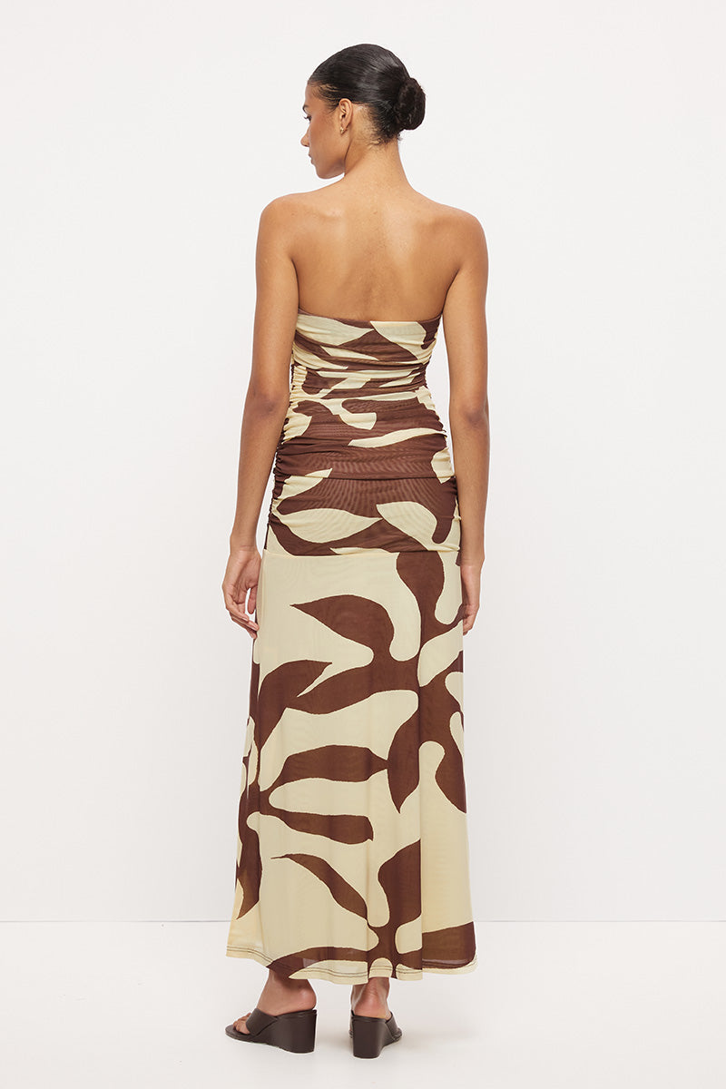 Strapless midi dress in stretchy mesh with fitted longline bodice, dropped waist and side split in exclusive handcrafted print