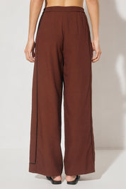 High-waisted textured woven straight-leg pants with ladder trim side panel and tailored waistband