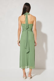 Mesh halter midi dress with body-skimming silhouette and halter tie