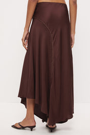 Mid-rise sateen maxi skirt with bias cut, scalloped waist trim and asymmetrical draped hem