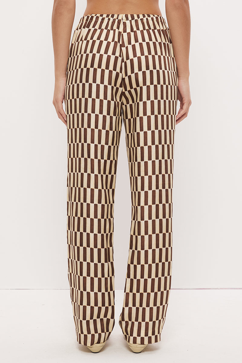 Mid-rise relaxed fit straight leg pants in brushed woven fabric with exclusive handcrafted print