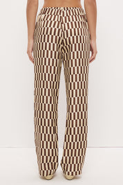 Mid-rise relaxed fit straight leg pants in brushed woven fabric with exclusive handcrafted print