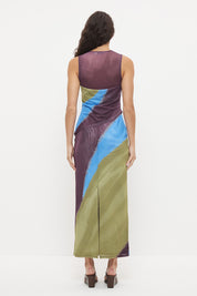 Sleeveless column dress with draped cowl neckline, asymmetric overlay bodice and exclusive handcrafted print – fitted midi length