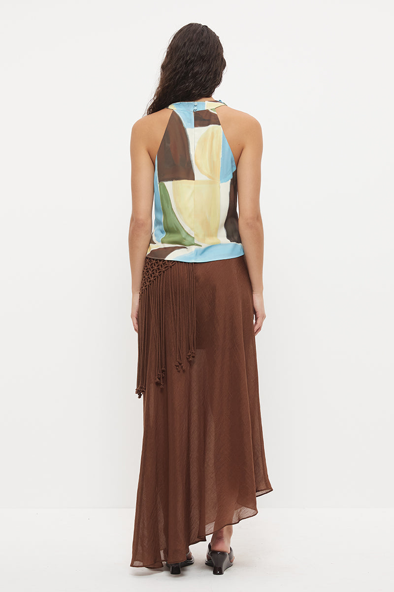Halter neck top in sateen with cowled pleated neckline in exclusive handcrafted print