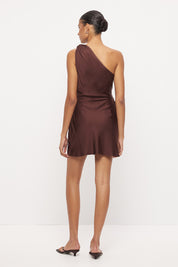 One-shoulder bias-cut sateen mini dress with draped bodice, tonal beaded trim and cinched sash