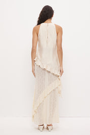Sleeveless longline top in brushed cupro satin with narrow cowl neckline and asymmetric spiral flounce hem