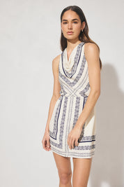 Sleeveless mini dress with handcrafted placement print, blouson bias-cut bodice, cowled neckline, and skimming mini skirt