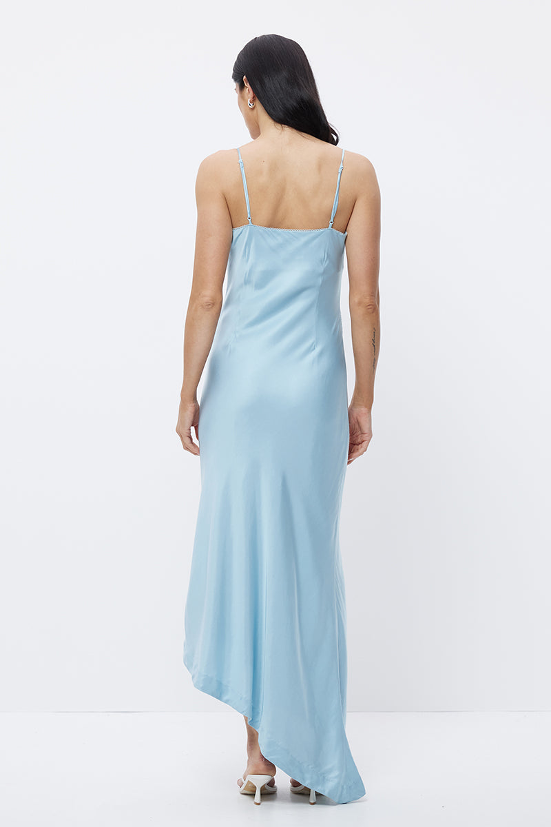 Strappy bias-cut sateen maxi dress with scalloped asymmetrical neckline and beaded floral waist motif