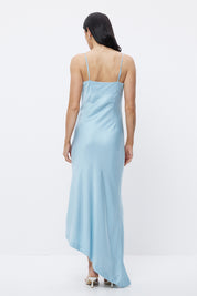 Strappy bias-cut sateen maxi dress with scalloped asymmetrical neckline and beaded floral waist motif