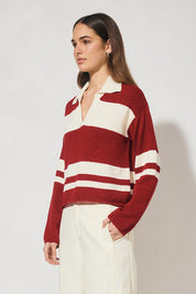 Bicolour collared knit jumper with oversized fit, dropped shoulder, V neckline, contrast polo-style collar and placket, long sleeves, and narrow rib hem finishes