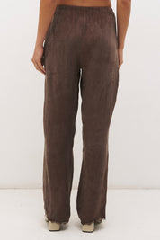 Relaxed straight leg drawstring pants in cupro blend twill with scalloped lace hem and elastic waistband