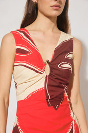 Handcrafted print sleeveless mini dress with plunging V neckline, cascading ruching, angled waist tucks, and wide back straps