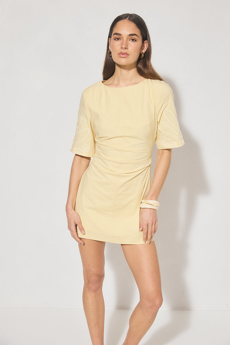  Shift mini dress in woven cotton-blend with cornelli applique, jewel neckline, short flared sleeves, and A-line skirt